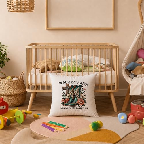 Western Cowgirl Boots Christian Pillow Cover 18x18, Cowgirl Room Decor, Walk by Faith Bible Verse Floral Religious Decorative Pillow Cover Pillowcase for Home Bedroom Living Room - color: Western Cowgirl Boots Christian