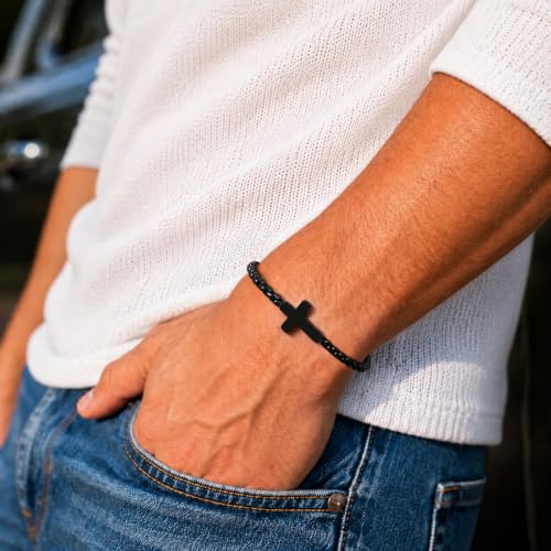 Cross Bracelet for Men,Christian Cross Link Chain,Stainless Steel Bracelets Rolo Chains,Non Tarnish Silver/Black Mens Faith Bracelet,Religious Catholic Jewelry Gifts Idea for Boyfriend Dad Son Husband - color: Black, size: Fits Wrist 7.1-7.4