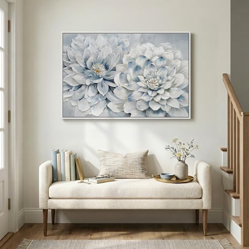 Framed Modern Blue and White Floral Wall Art for Bedroom, 24x36 Inch - color: Blue and White-B