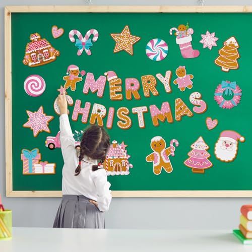 Kosiz 54 Pcs Merry Christmas Bulletin Board Pink Gingerbread Cutouts Decor - style: Merry Christmas