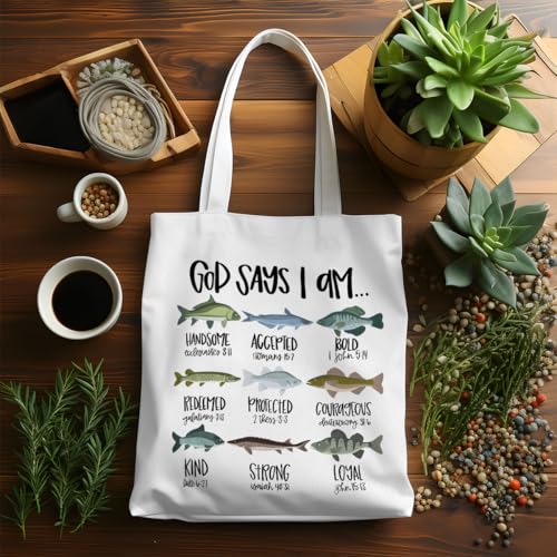 VICBOU Bible Verse Canvas Tote Bag, Inspirational Religious Christian Gifts for Women Men Canvas Tote Reusable Grocery Bags - color: Godsays10