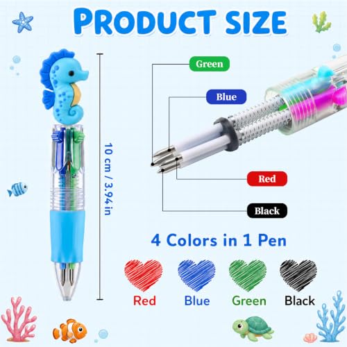 24 PCS Ocean Animal Multicolor Pens 4 Color Mini Ballpoint Pens with Cute Sea Animal Designs for Under The Sea Party Favors Birthday Goodie Bags Classroom Prizes and Back to School Gifts - color: Ocean Animal