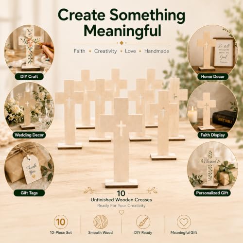 Wooden Crosses for Crafts: 10 Pack Unfinished Wood - DIY Blank Crosses with Stands Small Religious Crucifix Ornaments Catholic Baptism Centerpiece DIY Craft Supplies