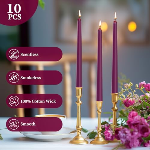 KONNI 0.87×10 Inch Purple Taper Candles, Unscented and Smokeless Tall Candlesticks, 10 Pack Tapered Candles with Cotton Wicks, Long Burning, Ideal for Weddings, Dinner Parties, and Home Décor - color: Purple