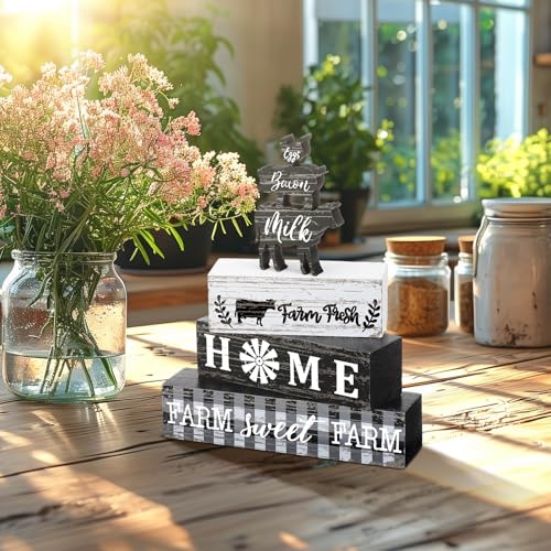 Geelin 4 Pcs Farm Animal Wooden Table Decor Cow Rooster Pig Farmhouse Signs - style: Farm