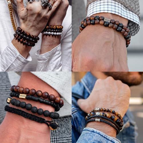 RANKEEF Tiger Eye Bracelet For Men 8MM Natural Stone Stretch Adjustable Black Crystal Beaded Bracelet for Men Women Gifts - color: 4,white,blue
