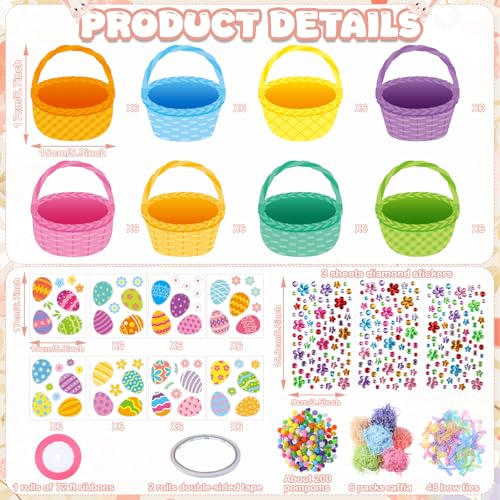 Funrous 48 Sets Crafts Kit Paper Crafts DIY Make Your Own Hanging Ornaments with Pompoms Diamond Stickers for Holiday Classroom Activities Party Favors, Easter Basket - style: Easter Basket