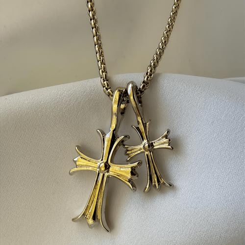 SHINYY Double Cross Necklace for Women and Men | Goth Punk Double Pendant Necklace | Gothic Grunge Religious Jewelry for Him Her - color: Gold 2