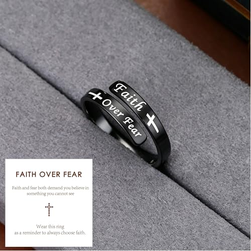 Faith Over Fear Cross Inspirational Rings for Women Daughter, Christian Blessed Hope Love Encouragement Rings Adjustable Open Tiny Purity Wrap Thumb Cross Ring Jewelry Graduation Cocktail Party - color: Black