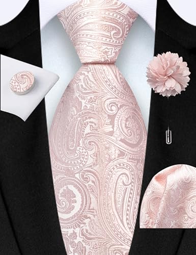 GUSLESON 3.15"(8cm) Mens Tie and Lapel Pin Paisley Necktie Hankerchief Cufflinks Set for Men - color: Blush Pink