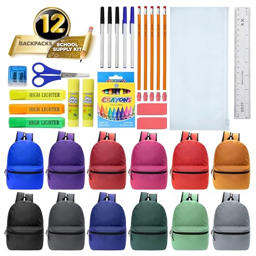 12 Pack 17" Bulk Backpacks with 36 Piece School Supplies Kits, 12 Colors - color: 12 Colors Asst, size: 36 Piece SS Kit