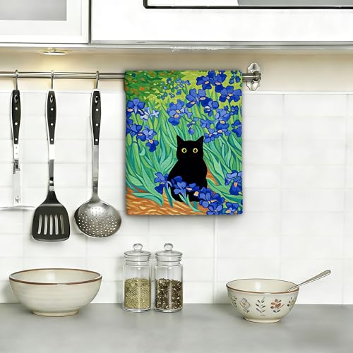 Black Cat with Blue Flowers Kitchen Towels Set of 2,Bathroom Hand Towels 16x24 Inch Absorbent Tea Washcloths for Cleaning Spring Bathroom Decor Kitchen Accessories Gifts - color: Black Cat With Blue Flowers