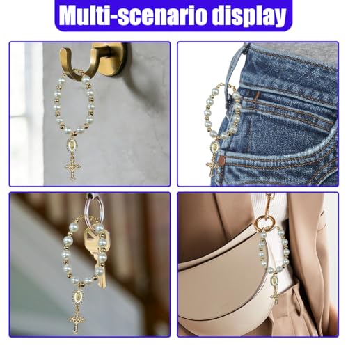 Rosary Car Steering Wheel Rosary Charm, Alloy Cross Religious Rear View Mirror Charm, Personalized Car Mirror Hanging Accessories for Most Cars (White) - size: White