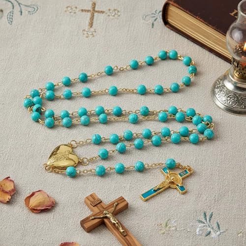 Nazareth Store Red Coral Glass Beads Rosary Catholic Saint Benedict Prayer Beaded Necklace with Miraculous Heart Shaped Locket Medal & Jesus Cross - color: Turquoise