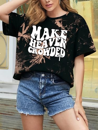 Make Heaven Crowded T-Shirt Women Oversized Christian Shirt Graphic Tee - color: Tie Dye, size: XX-Large