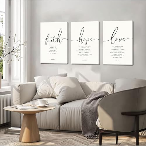 Farmhouse Bible Verses Wall Decor for Living Room - Minimalist Christian Scripture Wall Art Set of 3, Faith Hope Love Canvas Prints Religious Decor for Bedroom Office 16x24 inch Framed - color: White, size: 24"L x 16"W