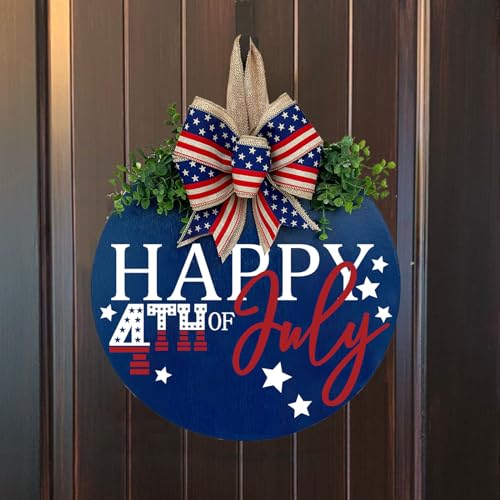 Welcome Sign for Front Door Decoration, 12" Round Wood Wreaths Hanging Welcome Sign Porch Farmhouse Decor Housewarming Gift - color: happy 4th of July