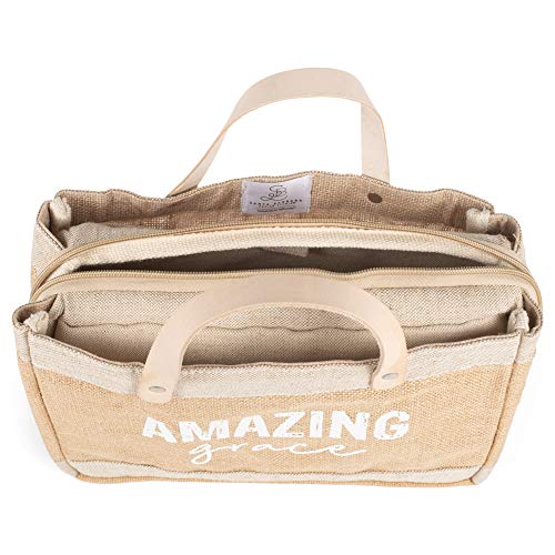 Faithworks Bible Covers for Women - Mini Market Tote Style Jute Cover with Zippered Closure Leather Handles - color: Amazing Grace