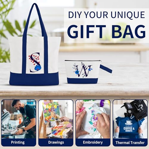 2-Pack Canvas Tote Bags and Makeup Bags, Cotton Zipper Bag, Navy Blue - color: Navy Blue/White