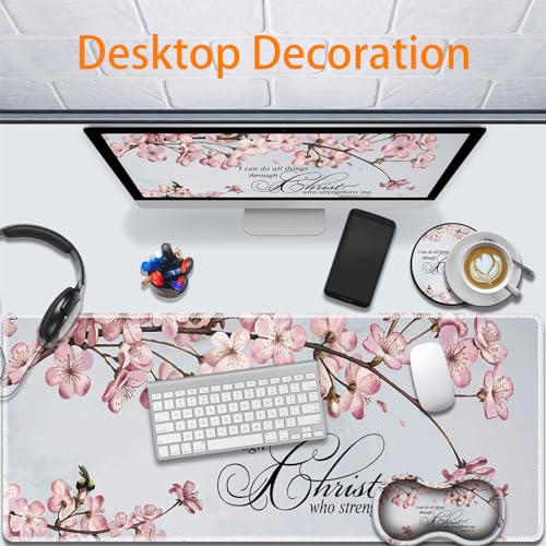 Durable Desk Mat + Wrist Rest Pad + Coasters Set, Large Gaming Office Mouse Pad 31.5 "x 11.8", Extended Non-Slip Rubber Keyboard Pad, Laptop & Home, Philippians 4-13 - color: Philippians 4-13