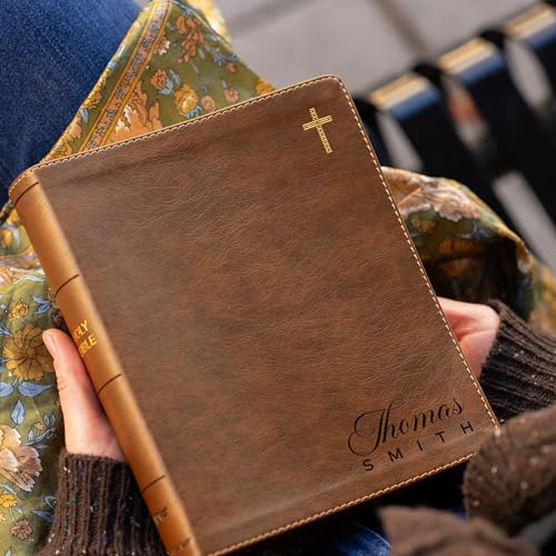 Personalized NIV Journal the Word Bible – Double Column Brown Leathersoft Faux Leather | Custom Name Engraved | Red Letter Comfort Print Edition with Wide Margins for Notes & Reflections (Name Version) - style: Name Version 02