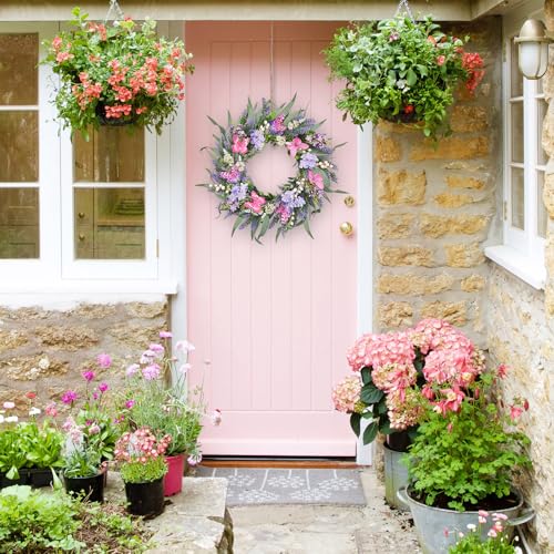 22 Inch Lavender Wreath for Front Door, Artificial Floral Wreath with Pink Butterflies & Berries, Purple Lilac Wreath for Farmhouse Wall Window Decor, All Seasons Indoor Outdoor Home Decor - color: C