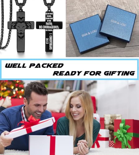 SAM & LORI Strength and Faith Gifts for Him-Masculine Cross Necklace-Bold Lion Head and Cross Design-Inspiring Message Engraved (18-24 inches) - style: 22"-24" Be on your guard; stand firm in the faith...be strong.