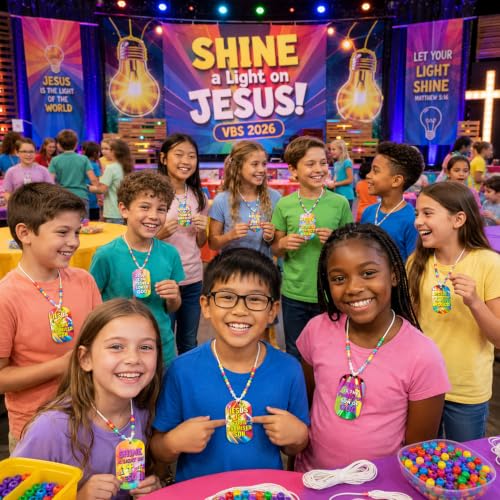 Cinrobiye 48 Pcs 2026 VBS Jesus Light Christian Necklace Craft Kit, DIY Bible Verse Necklace Making Set with Beads, Faith Necklaces Party Favors for Vacation Bible School, Church Events and Ministry - style: Jesus Light