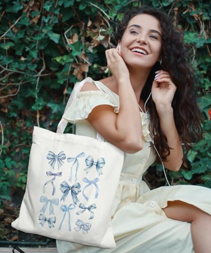 Coquette Bow Bible Canvas Tote Bag for Women Teens Teen Girls, Pink Bow Girls Tote Bag, Coquette Gifts - color: Blue Bow