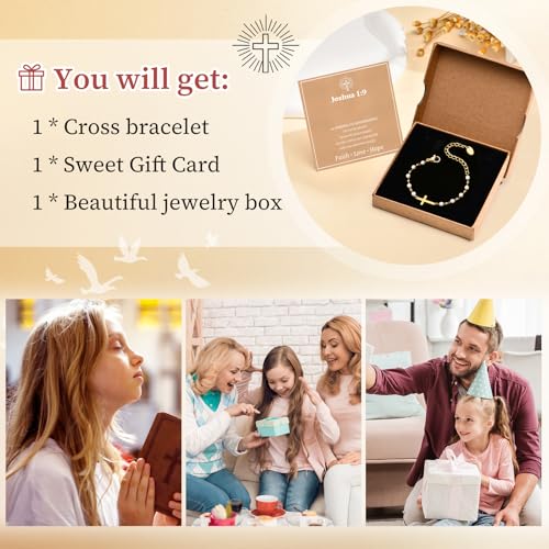Baby Baptism Cross Bracelet Gift : 18k Gold Plated/Silver Delicate Pearl Cross Bracelets Kids Daughter Granddaughter Birthday First Communion Confirmation Gifts Christian Jewelry for Boys Girls - style: Gold - joshua 1 9