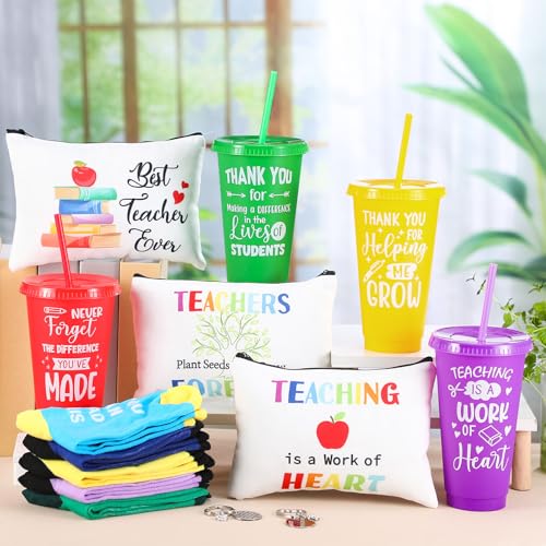Funnymoom 24 Pcs Teacher Appreciation Gift from Students 2026 End of Year Thank You Gifts Bulk 24 oz Plastic Tumbler Cup Makeup Cosmetic Bag Crew Sock Keychain for Retirement - style: Vibrant