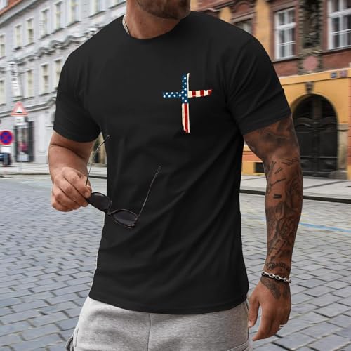 Tuislay Mens Christian Stand for The Flag Kneel for The Cross Shirt American Flag Graphic Tees Jesus Faith Religious T Shirts - color: Black, size: X-Large
