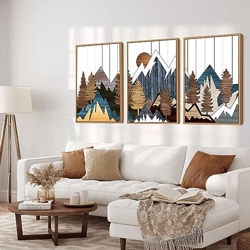 CHDITB Mountain Wall Art Prints Set, Country Woodcut Wall Decor, Rustic Forest Pictures Artwork, Nature Landscape Decoration, National Park Framed Canvas Paintings For Living Room Bedroom 16"x24"X3 - color: Mountain, size: 16"L x 24"W