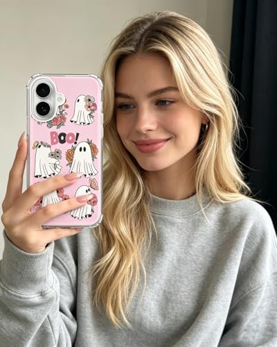Spooky Pink Ghosts Flowers Phone Case Compatible with iPhone 17, Halloween Vibe Phone Cover for iPhone 17 - color: Ghosts Flowers