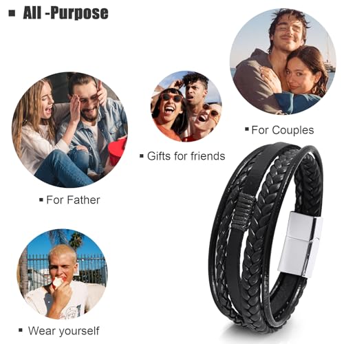 Leather Bracelet for Men Braided Stainless Steel Mens Bracelets - color: Black-SilverBuckle