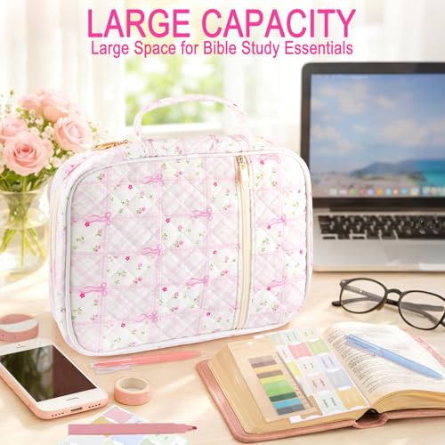 Zkptops Bible Cover Case for Women Large Bible Bag Cotton Quilted Bible Carrying Case with Zipper Pocket and Handle Carrying Book Cover for Christian Study Supplies Christian Gift(Bow Flower) - color: Fr Pink Purple Bow Flower