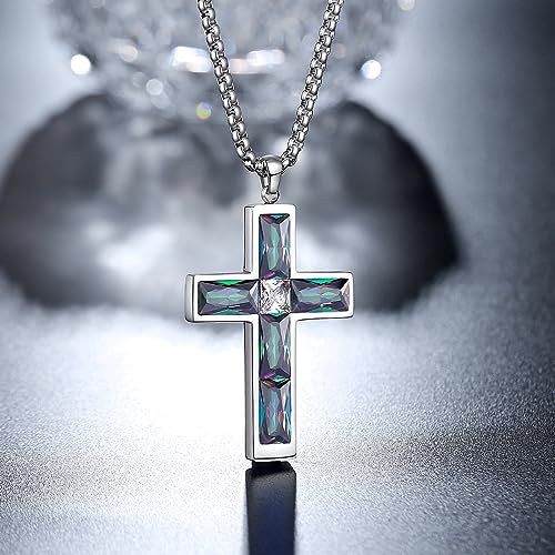 Cross Necklace for Men 316L Stainless Steel Birthstone Pendant - color: Rainbow-S