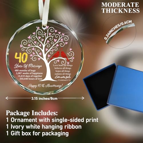 40th Wedding Anniversary Glass Ornament – Love Tree & Birds with Bible Verse – Christian 40 Year Marriage Keepsake Gift for Parents, Couples, Wife, Husband – Elegant Hanging Decoration