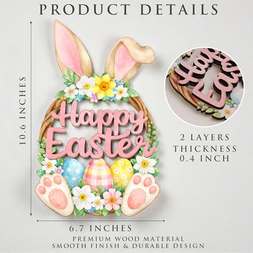 2 Layer Wooden Bunny Easter Wreath for Front Door, Happy Easter Door Hanging Sign, Spring Wall Decor, Bunny Easter Decorations - color: Hello Easter