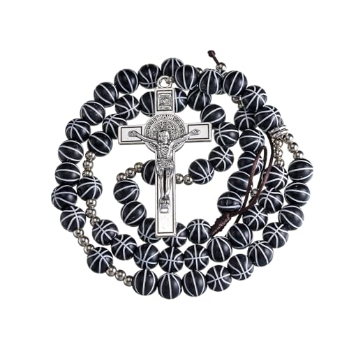 Basketball Bead Sports Necklace Catholic Rosary with Crucifix Cross Pendant Baptism Birthday Gift for Men Boys in Customized Velvet Bag - color: Black
