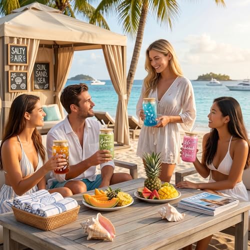 Glass Cups with Lids and Straws, 4Pack, 16oz, Seashell Ocean - color: Beach & Coastal