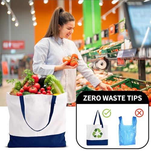 6-Pack Canvas Tote Bags with Zipper, Large Grocery Tote, Navy Blue - color: Navy Blue/White