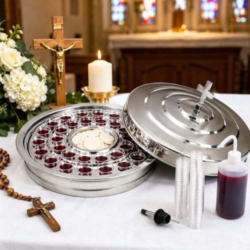 Holy Communion Tray with Lid, 2-in-1 Communion Cup Tray w/Central Removable Bread Wafer Holder, 32 Cup Stainless Steel Communion Set for Church Includes 100 Disposable Cups & Filling Bottle