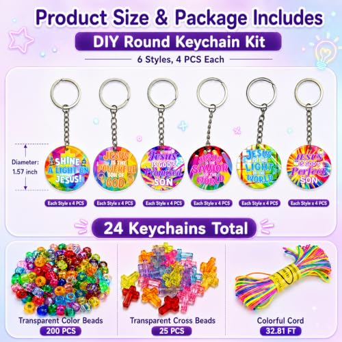 Cinrobiye 24 Set 2026 VBS Jesus Light DIY Keychain Kit, Beaded Acrylic Keychains Craft, Christian Crafts for Sunday School, Church Classroom Activities, Vacation Bible School Party Favors - style: Round