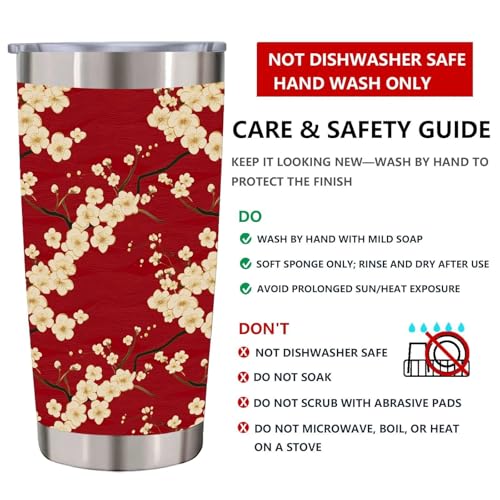 Red Cherry Blossom Tumbler 20 oz, Sakura Floral Insulated Stainless Steel Cup with Lid and Straw, Cream Botanical Travel Coffee Mug, Gifts for Women Mom, Flower Lovers - color: Asian Floral