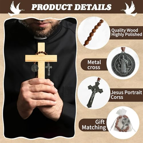 Bovemee Saint Benedict Medal Prayer Pocket Rosary Catholic Brown Wood Beads with Medalla de san benitol and Crucifix, 9 Inch - color: 12PCS AntiqueSilver