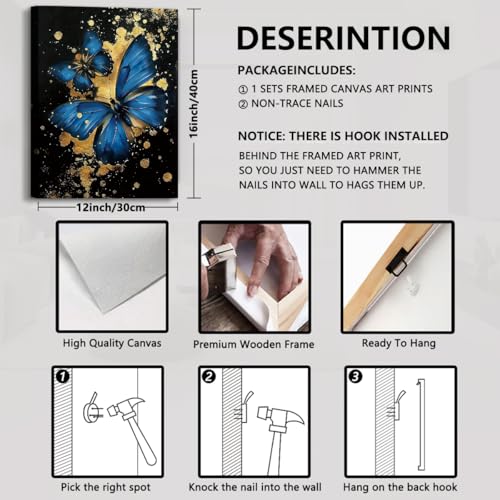 Blue Butterfly Wall Art Canvas Prints Black and Gold Bathroom Wall Decor - color: Zen Butterfly Wall Art Canvas Prints (Ready to Hang)