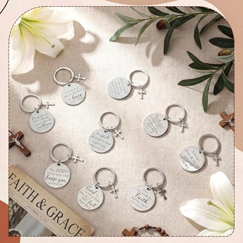 Nosiny 9 Pcs Christian Gift for Women Bulk Bible Verse Religious Keychain Baptism Faith Flower Cross Inspirational Gifts - style: Cross