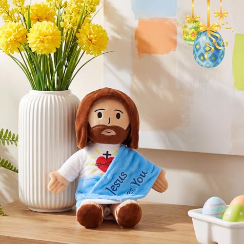 13" Jesus Loves You Plush Toy, Heart of Jesus Plushie Savior Stuffed Doll - color: Blue With Text