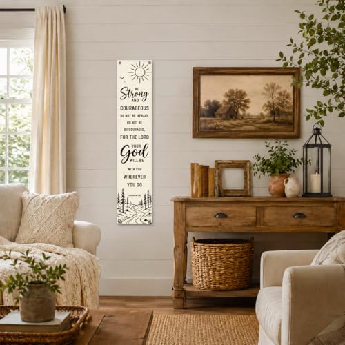 Christian Wall Decor Banner - Be Strong and Courageous, Farmhouse Minimalist Scripture Wall Hanging Sign for Living Room Entryway Bedroom Office, Inspirational Faith Quote Decor 48x9 In - color: color_name10